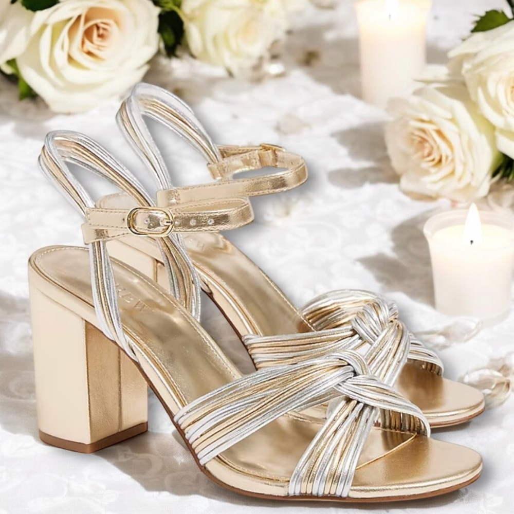 J. Crew Gold and Silver Strappy Block Heel Sandals